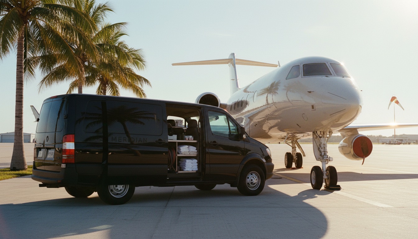 Black Meridian detail van parked alongside a polished Gulfstream at Naples Municipal at golden hour.
