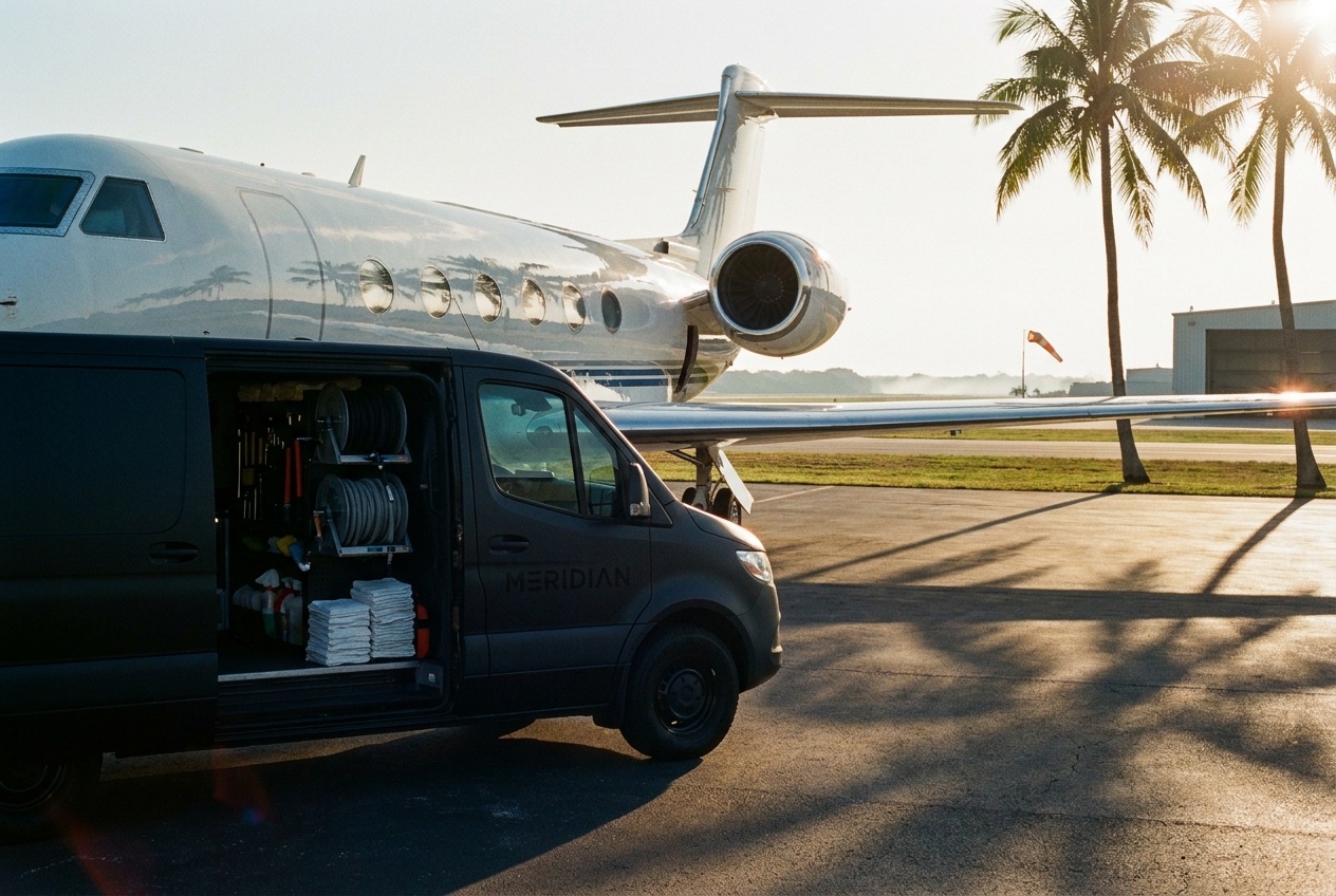 Mobile rig deployed alongside the aircraft at golden hour.